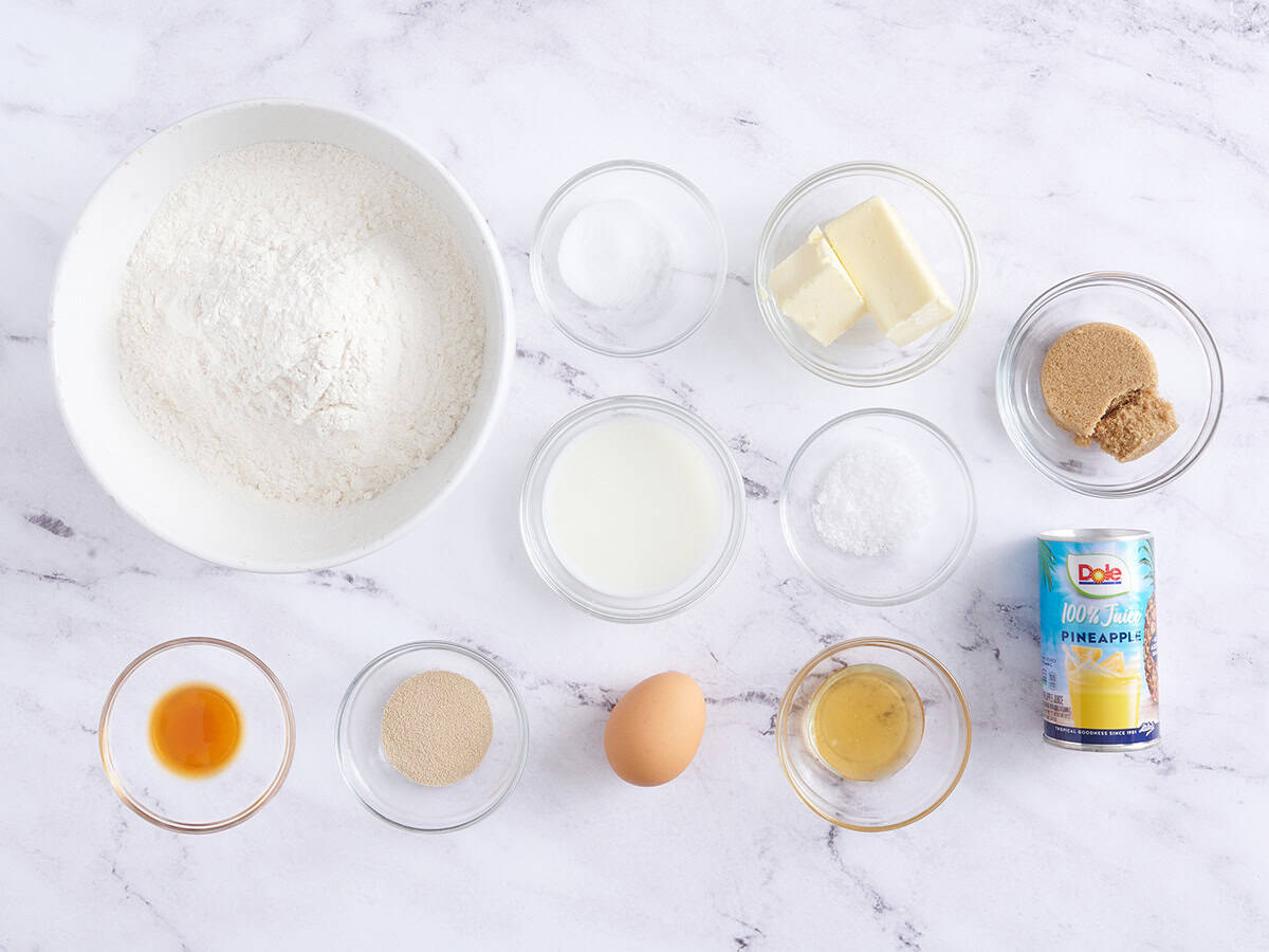 Ingredients to make Hawaiian rolls.