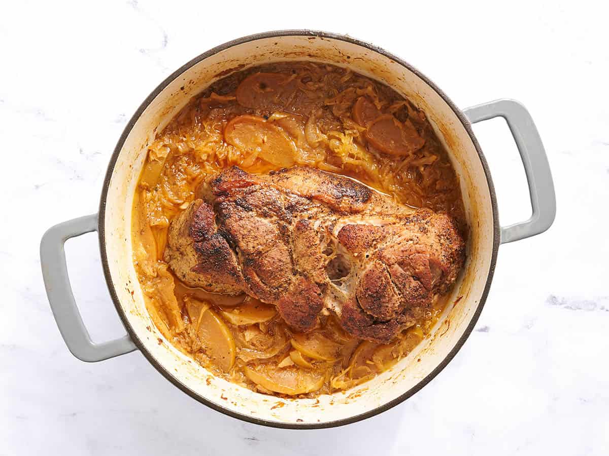 Pork and sauerkraut halfway through cooking.