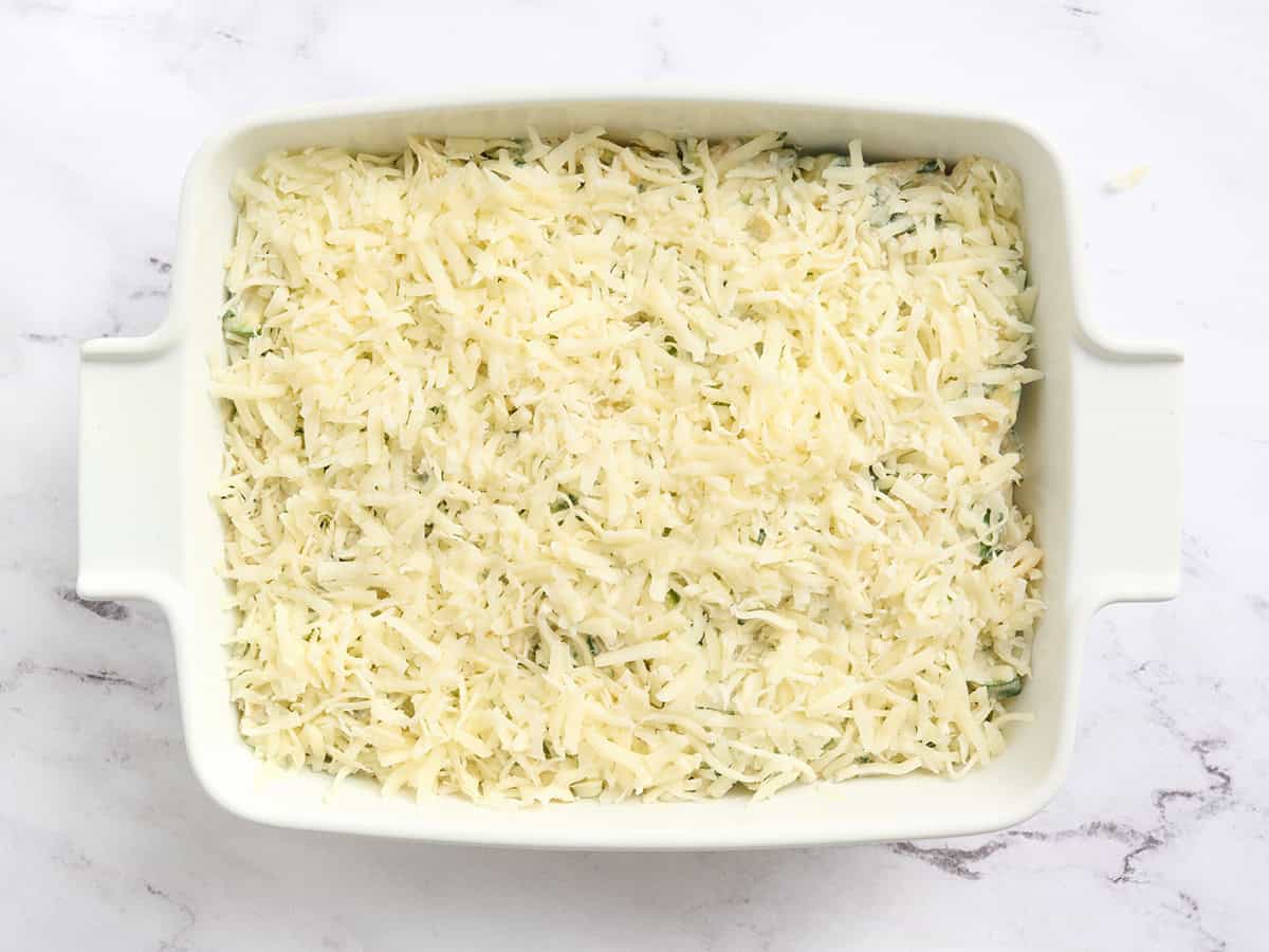 Baked pasta with spring veggies before baking.