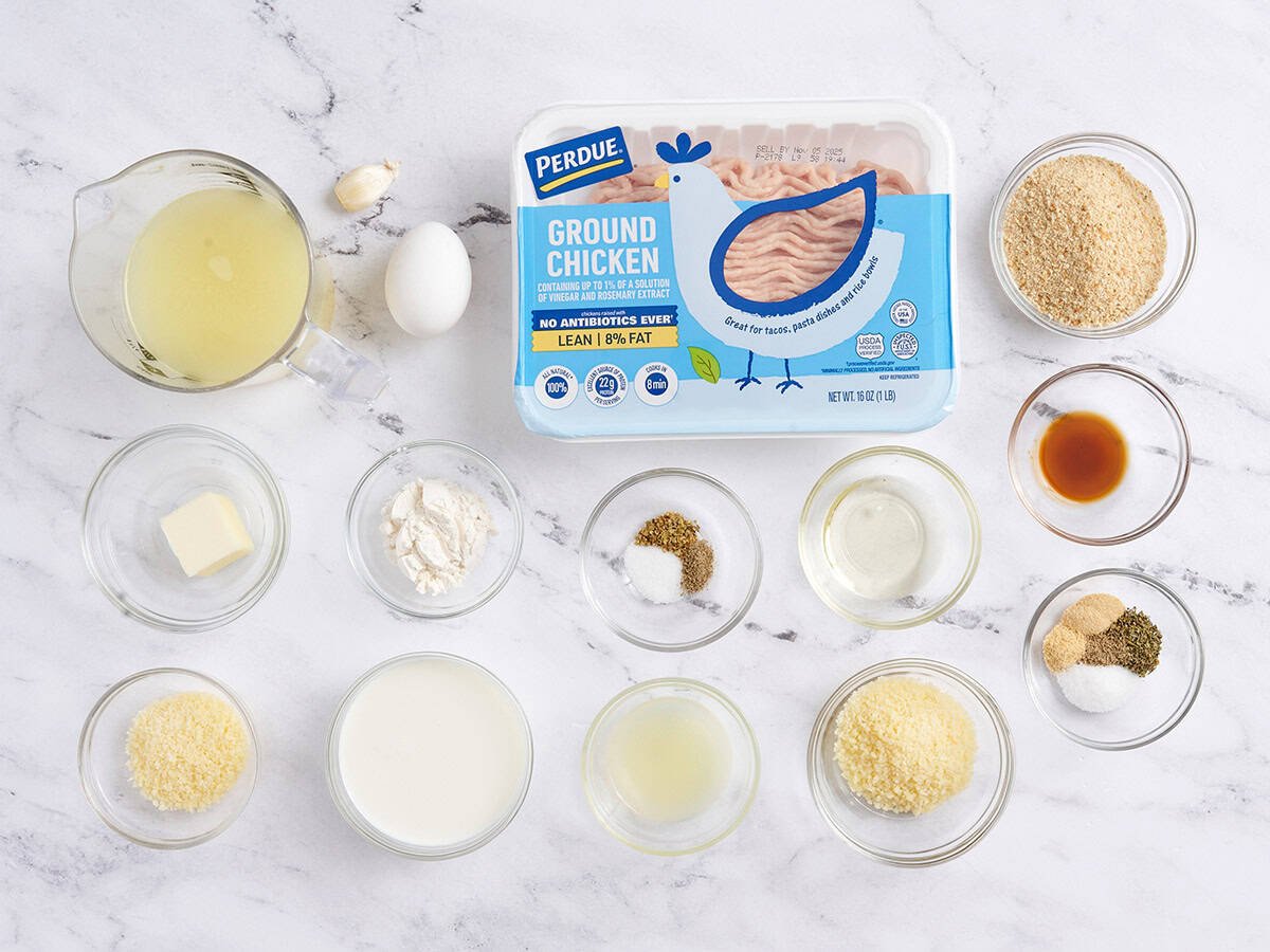 The ingredients to make chicken meatballs in cream sauce.