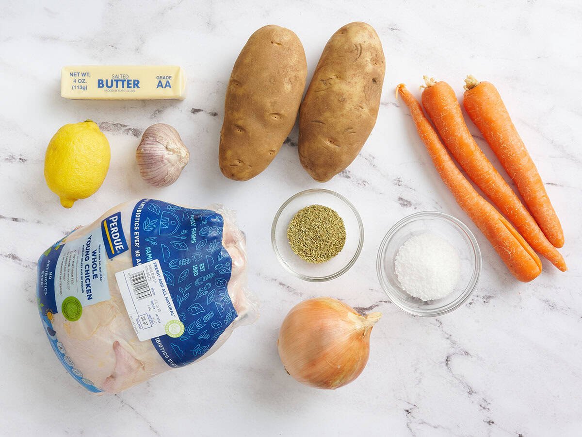 The ingredients to make a roasted chicken.