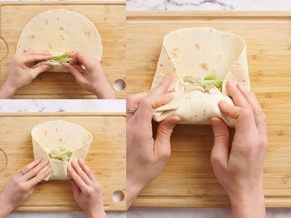 A collage of hands rolling a tuna wrap.