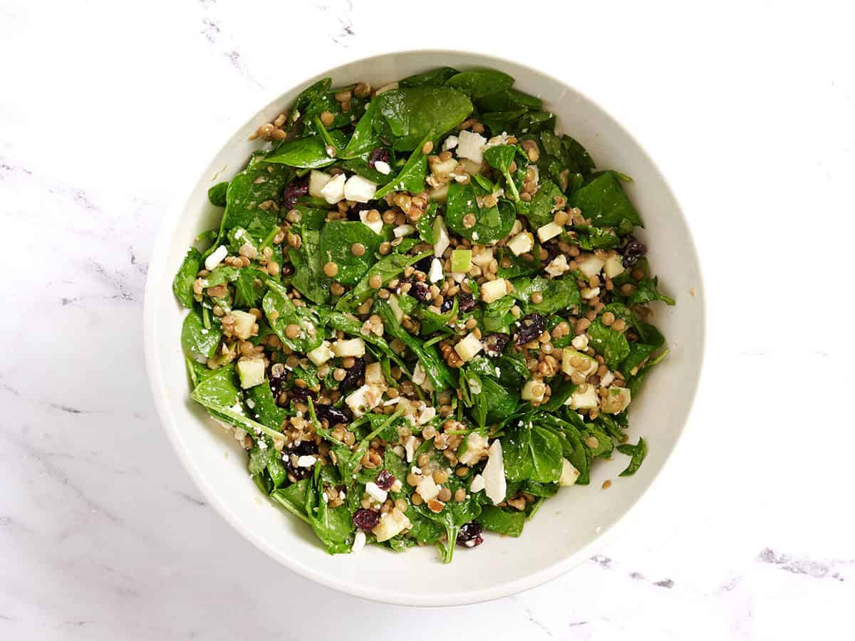 Finished lentil and cranberry salad in a bowl.