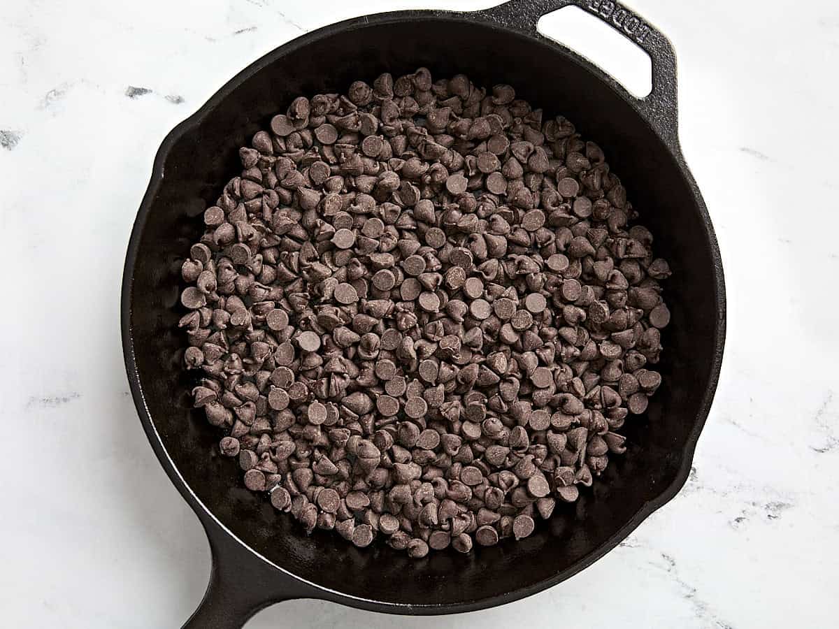 Semi-sweet chocolate chips in a skillet.