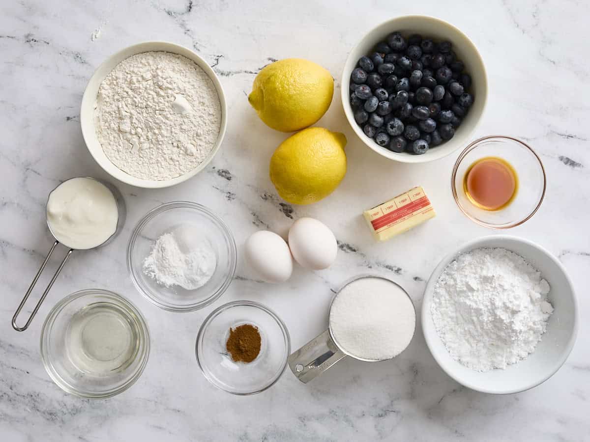 The ingredients to make lemon blueberry muffins