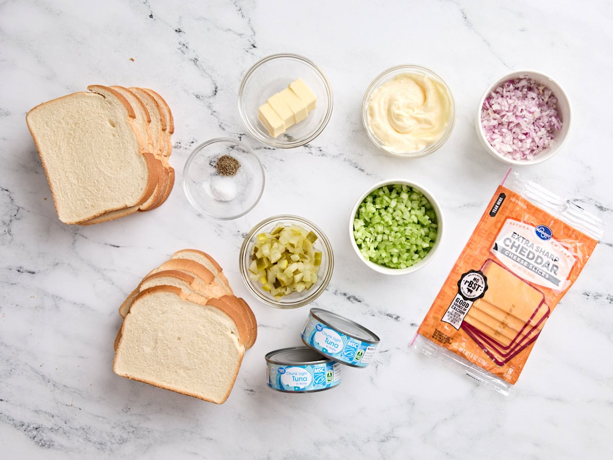 Ingredients to make a tuna melt sandwich.
