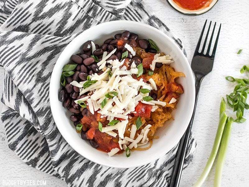 Southwest spaghetti squash bowl garnished on top.