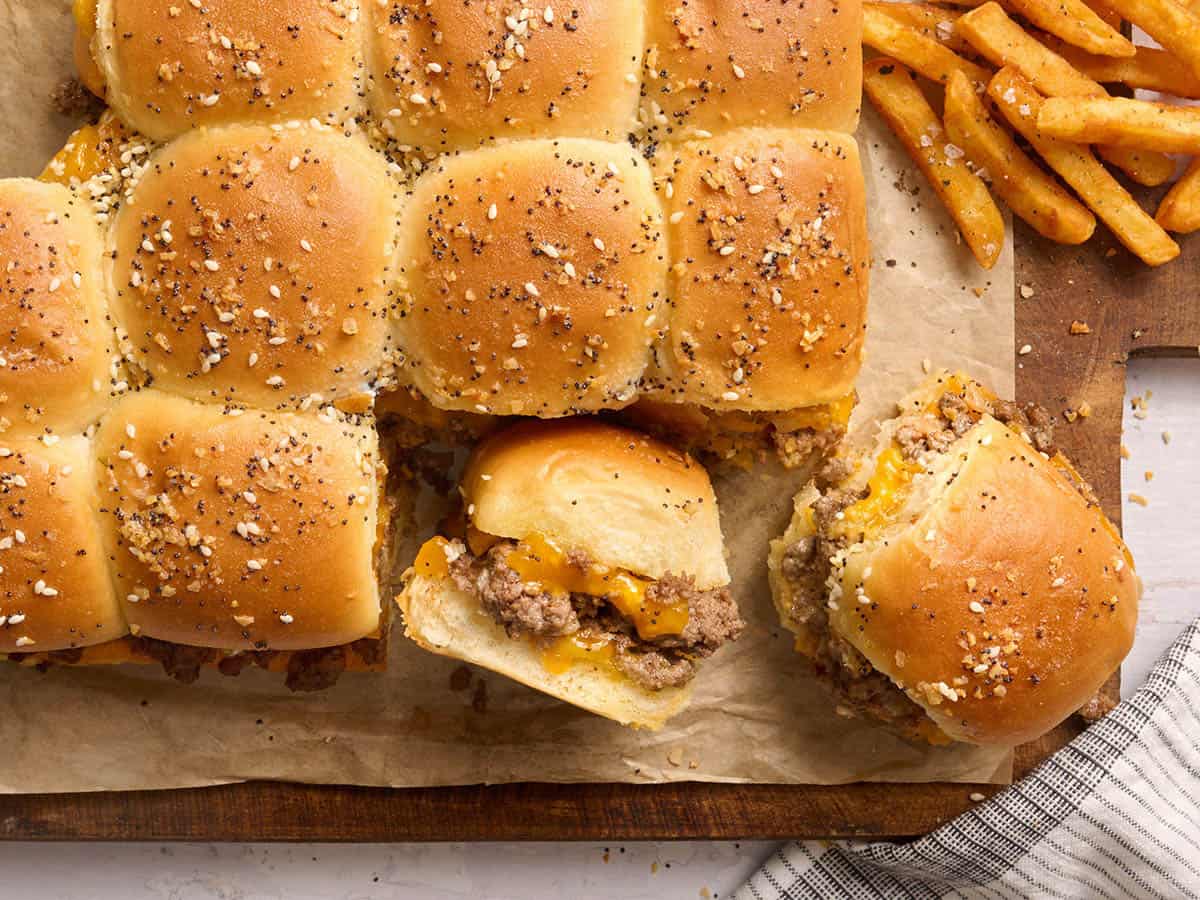 Overhead view of sliders on parchment paper.