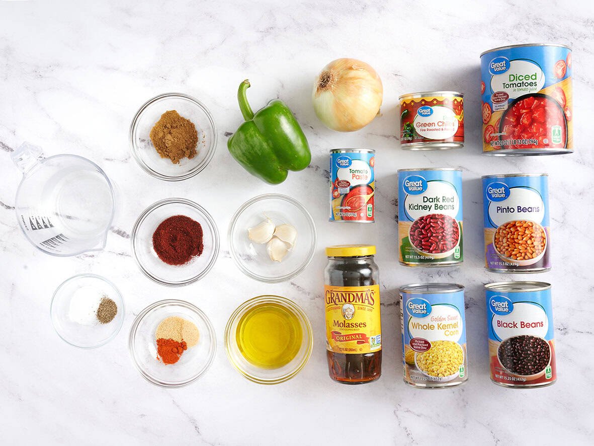 ingredients laid out on a counter to make vegetarian chili