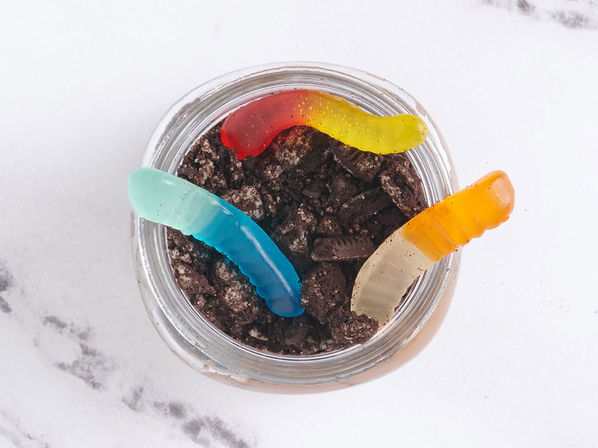 Overhead view of a worms in dirt pudding cup.