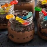 Side view of a worms in dirt dessert pudding cup.