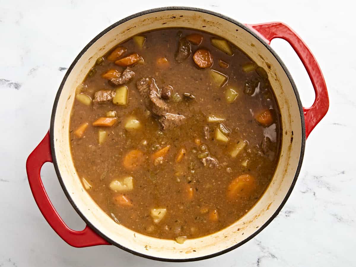 Beef stew in a dutch oven.