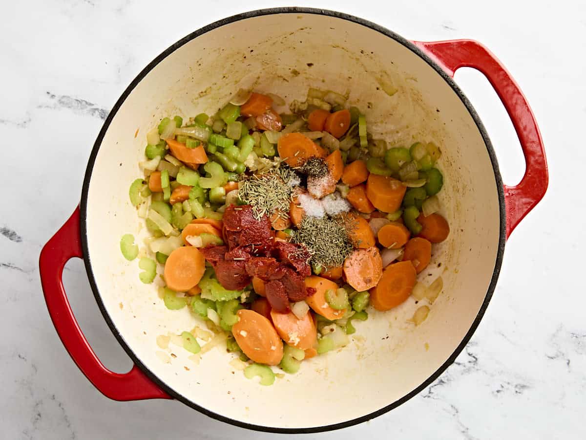 Mire poix and seasonings in a dutch oven.