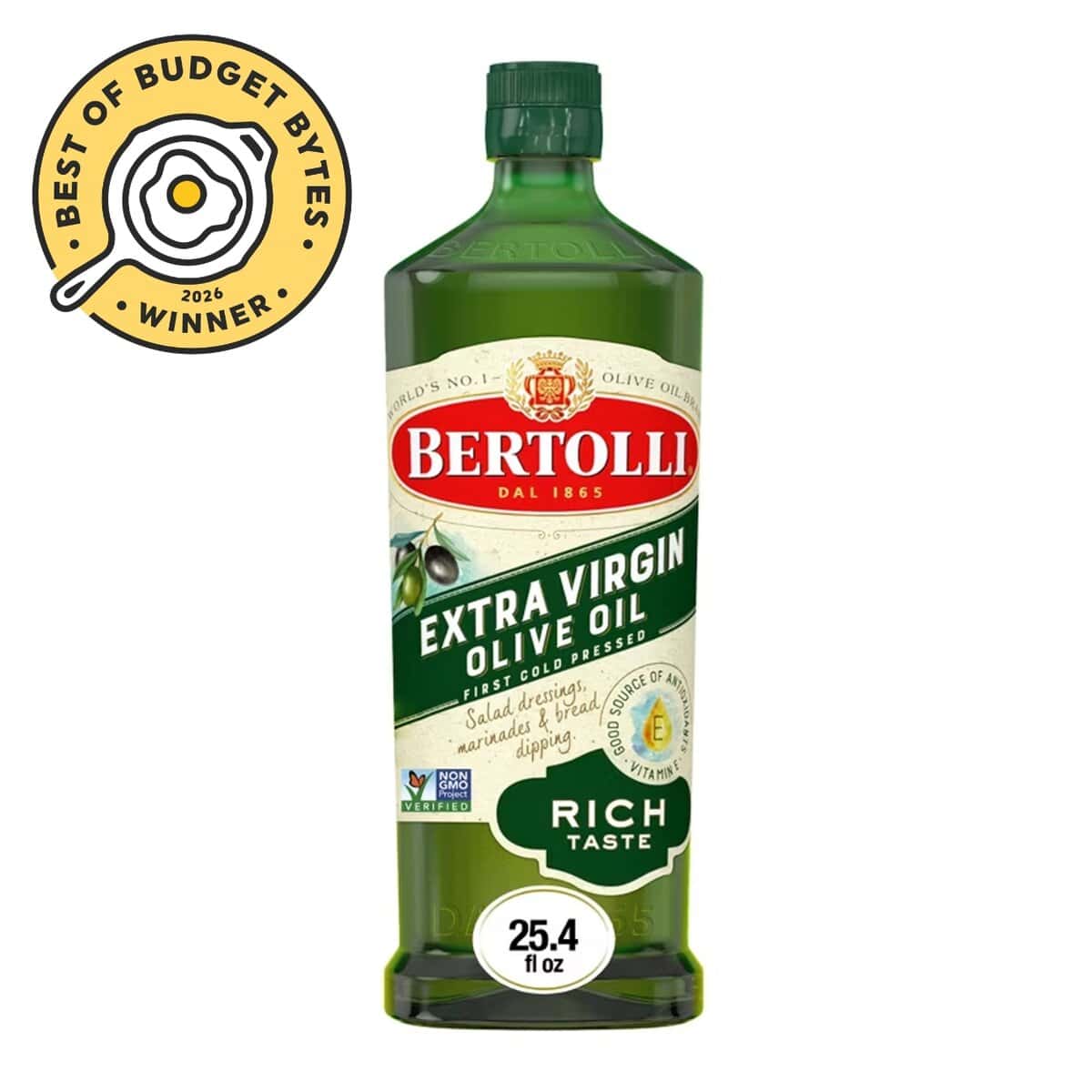 front view of a bottle of Bertolli olive oil with a budget bytes seal.