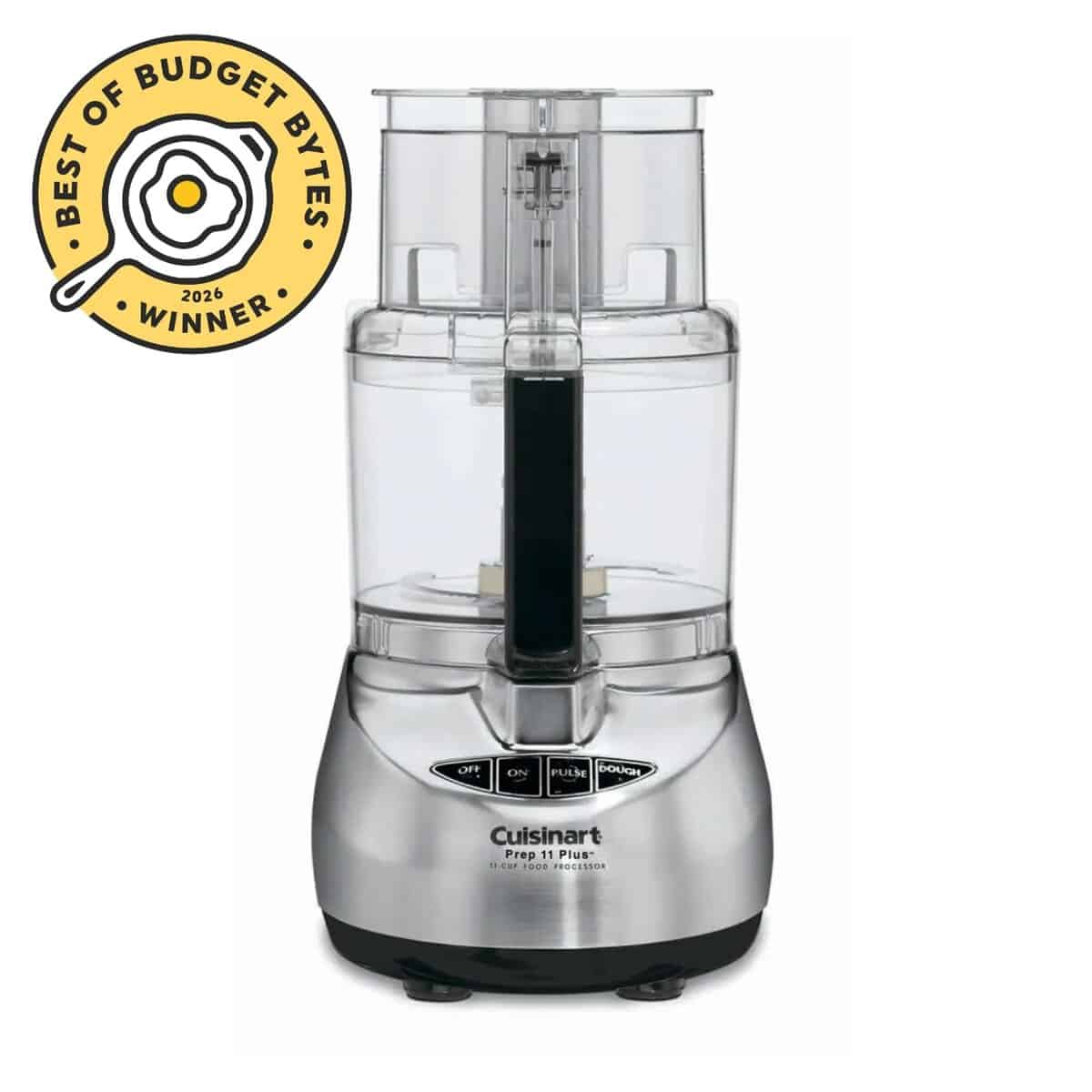 Front view of a pack of a cusinart food processor with budget bytes seal.