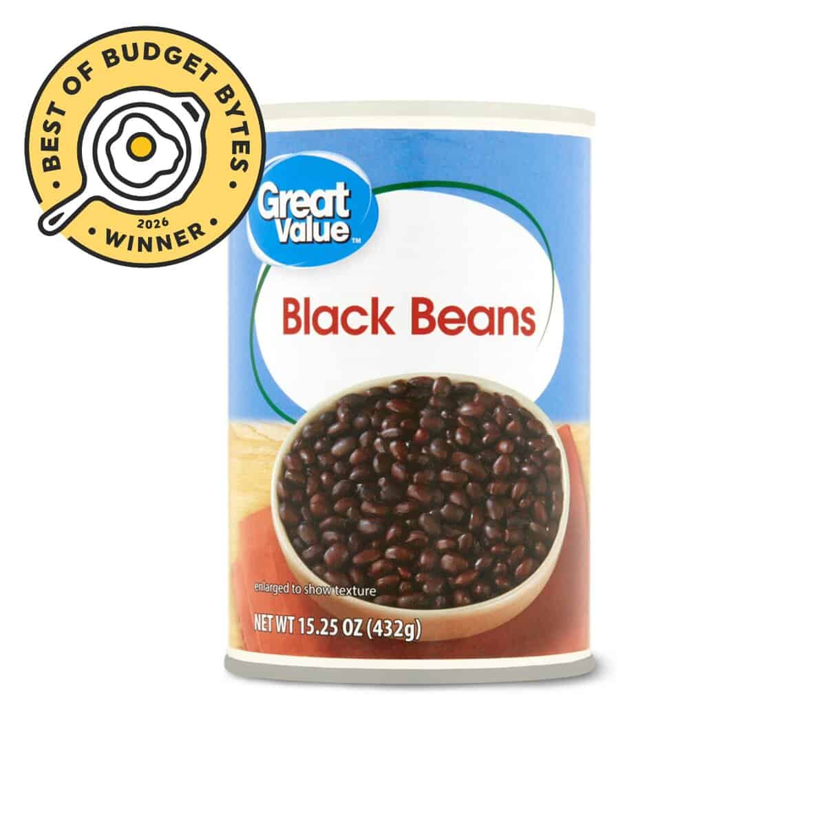 front view of a can of great value black beans with a budget bytes seal.