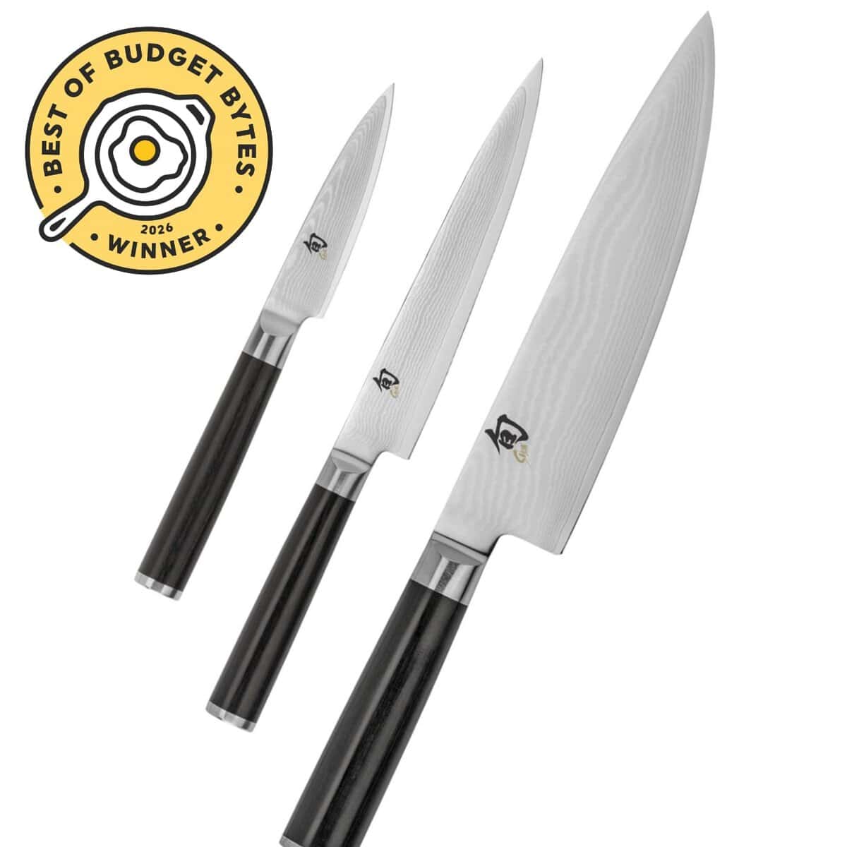 Front view of a pack of shun knives with budget bytes seal.