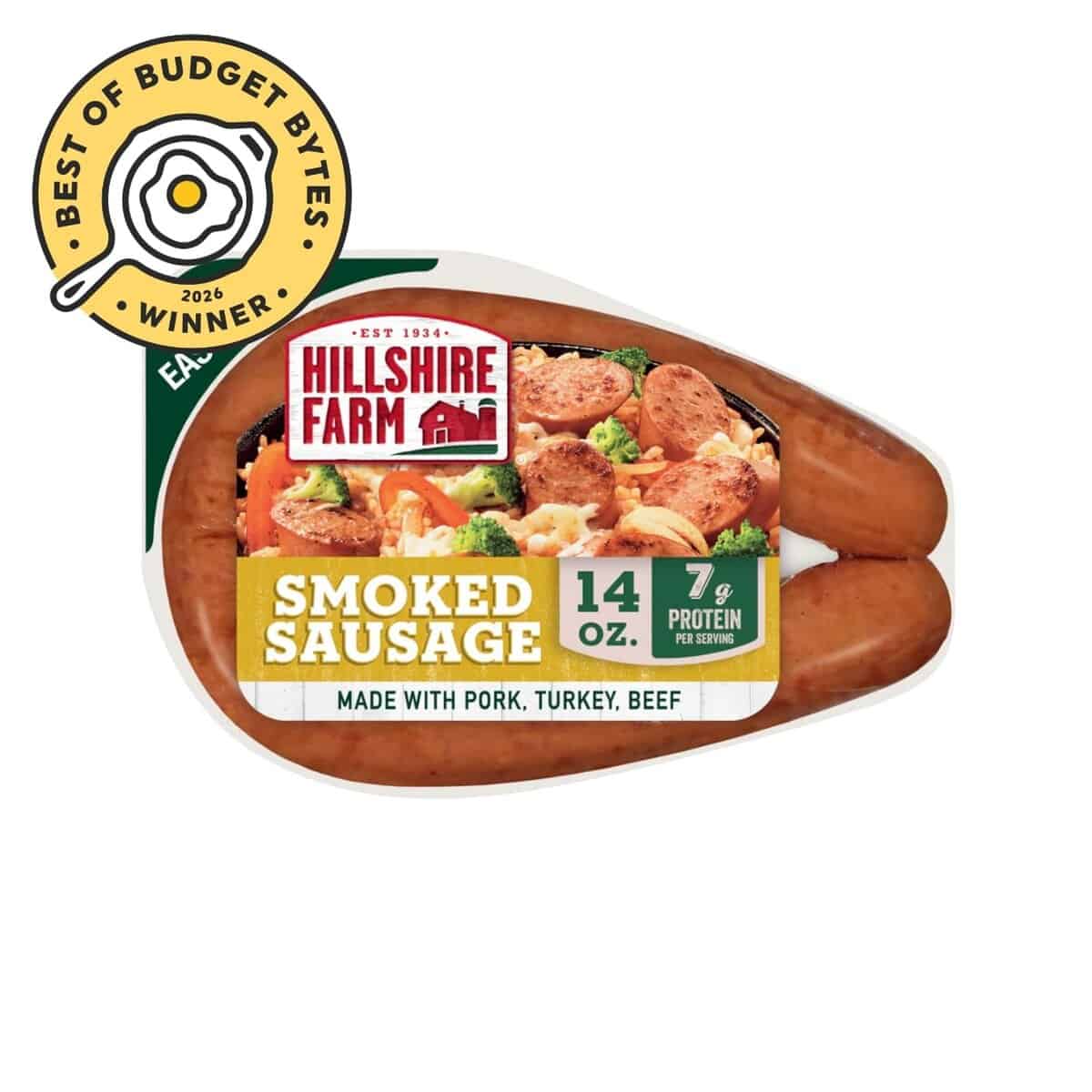 front view of a hillshire farm smoked sausage with a budget bytes seal.