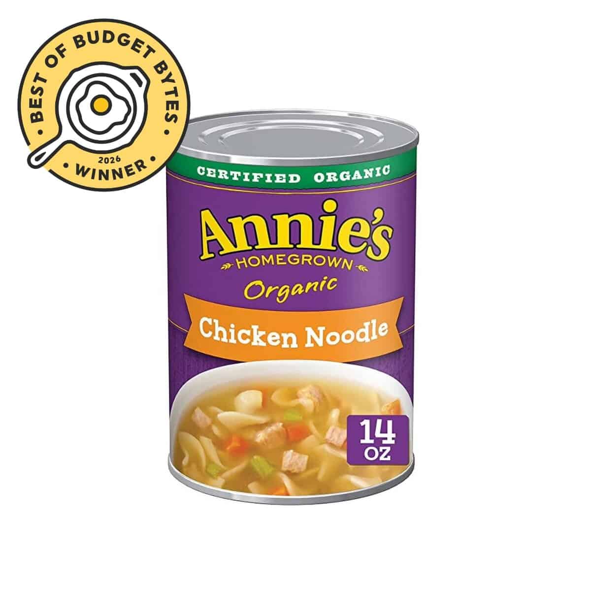 front view of a can of annies chicken noodle soup with a budget bytes seal.
