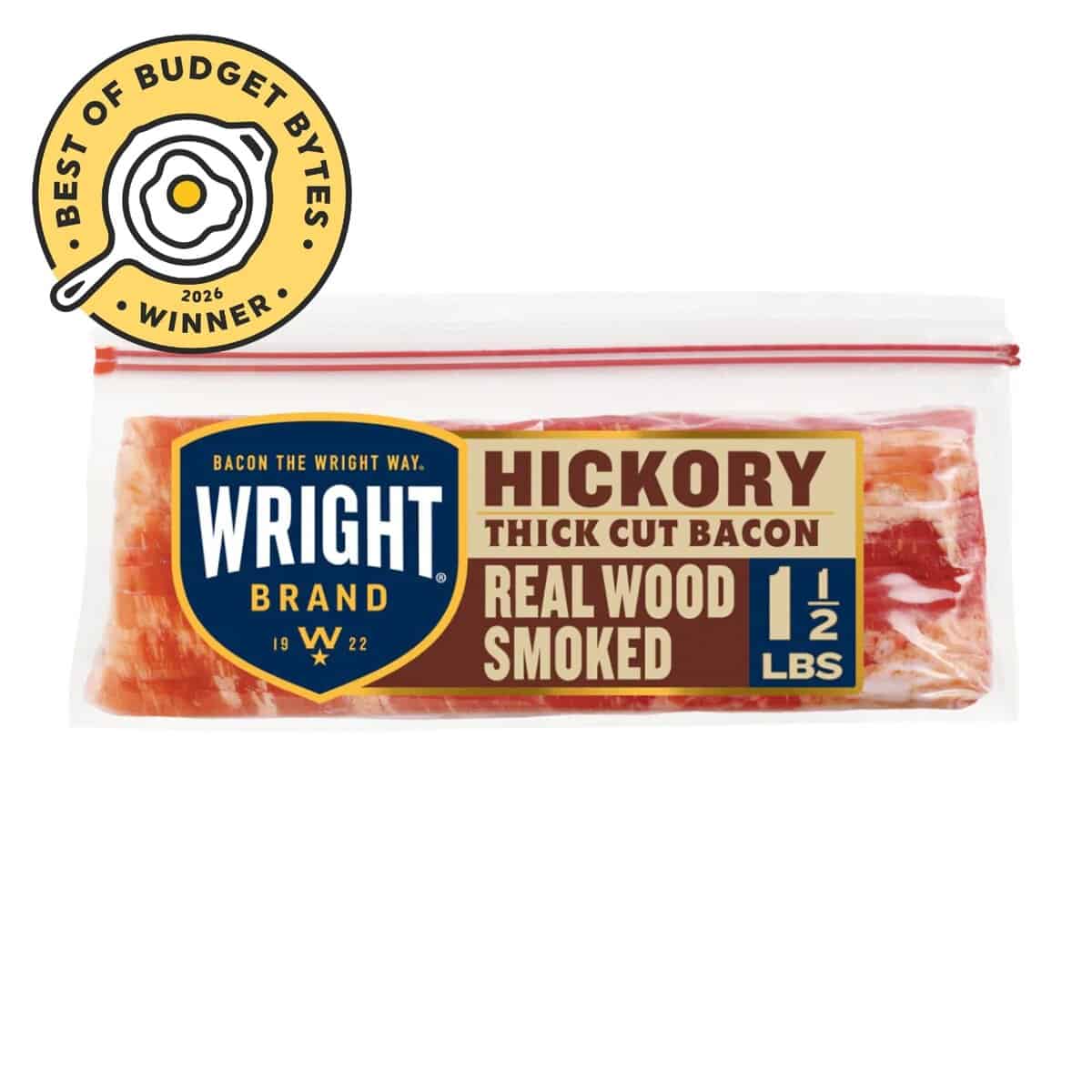 Front view of a pack of wright hickory smoked bacon with budget bytes seal.