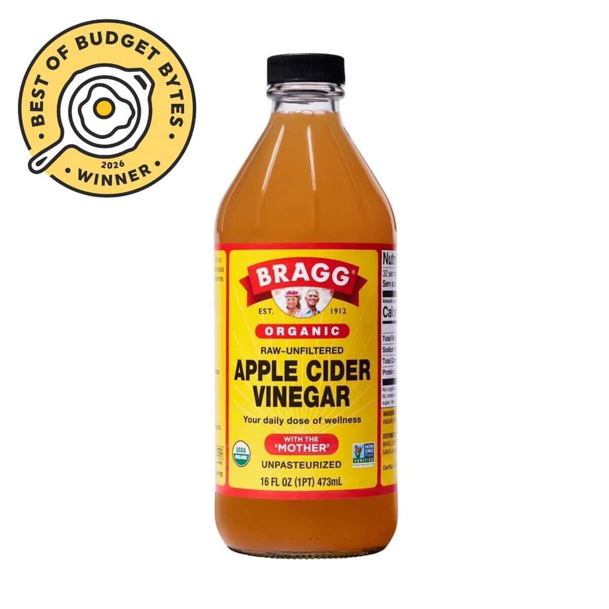 front view of a bottle of bragg apple cider vinegar with a budget bytes seal.