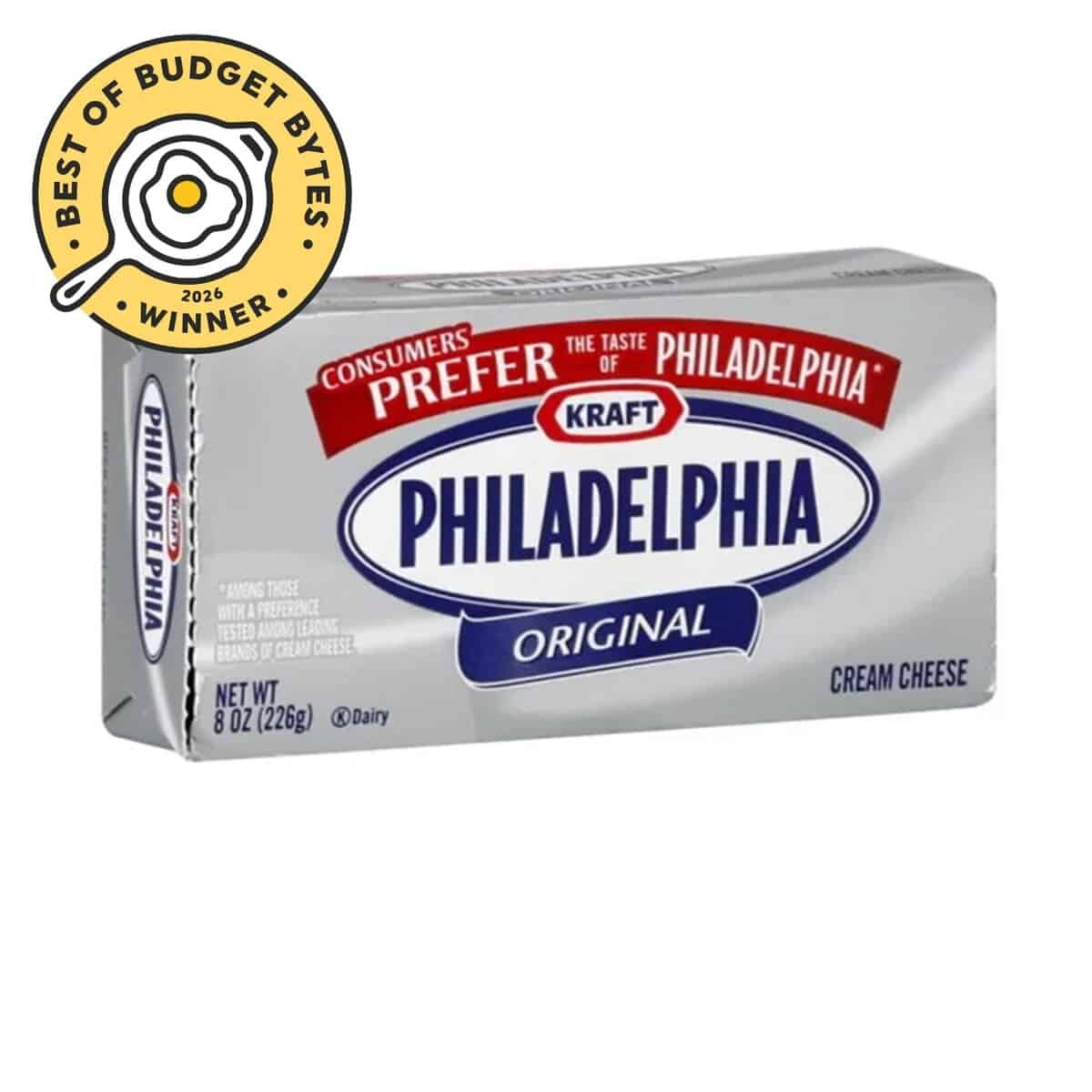 front view of Philadelphia cheese with a budget bytes seal.