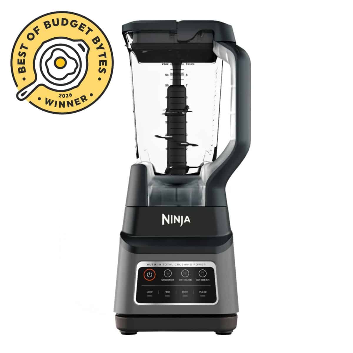 Front view of a pack of a ninja blender with budget bytes seal.