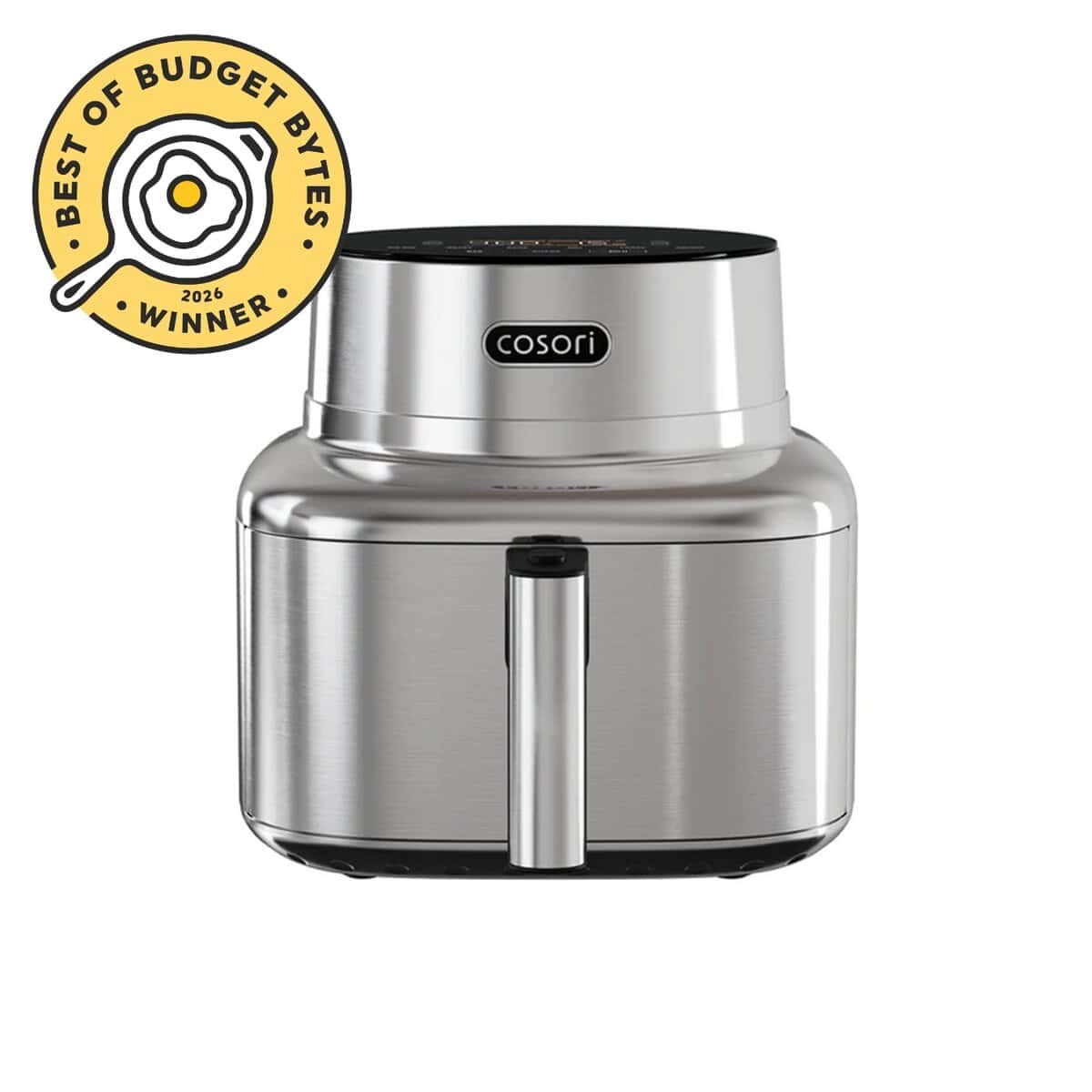 front view of a cosori air fryer with budget bytes seal.