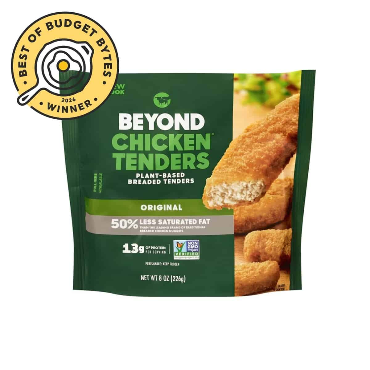 Front view of a pack of Beyond chicken tenders with budget bytes seal.