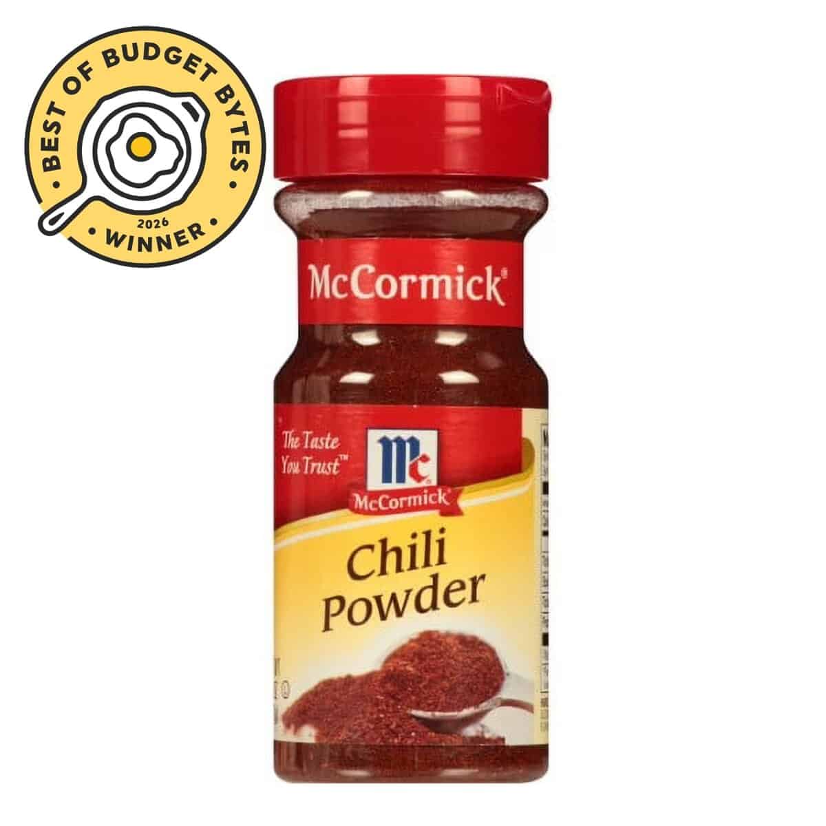front view of a jar of mccormick chili powder with a budget bytes seal.