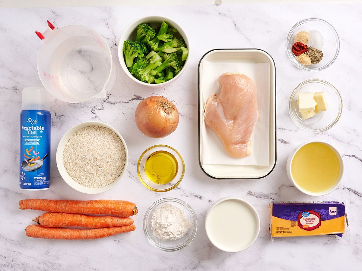 The ingredients to make chicken and rice casserole