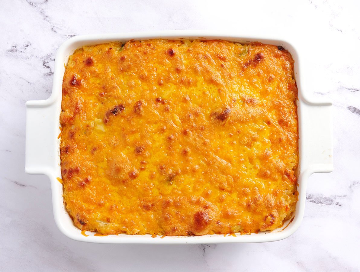 Chicken and rice casserole in a casserole dish after baking