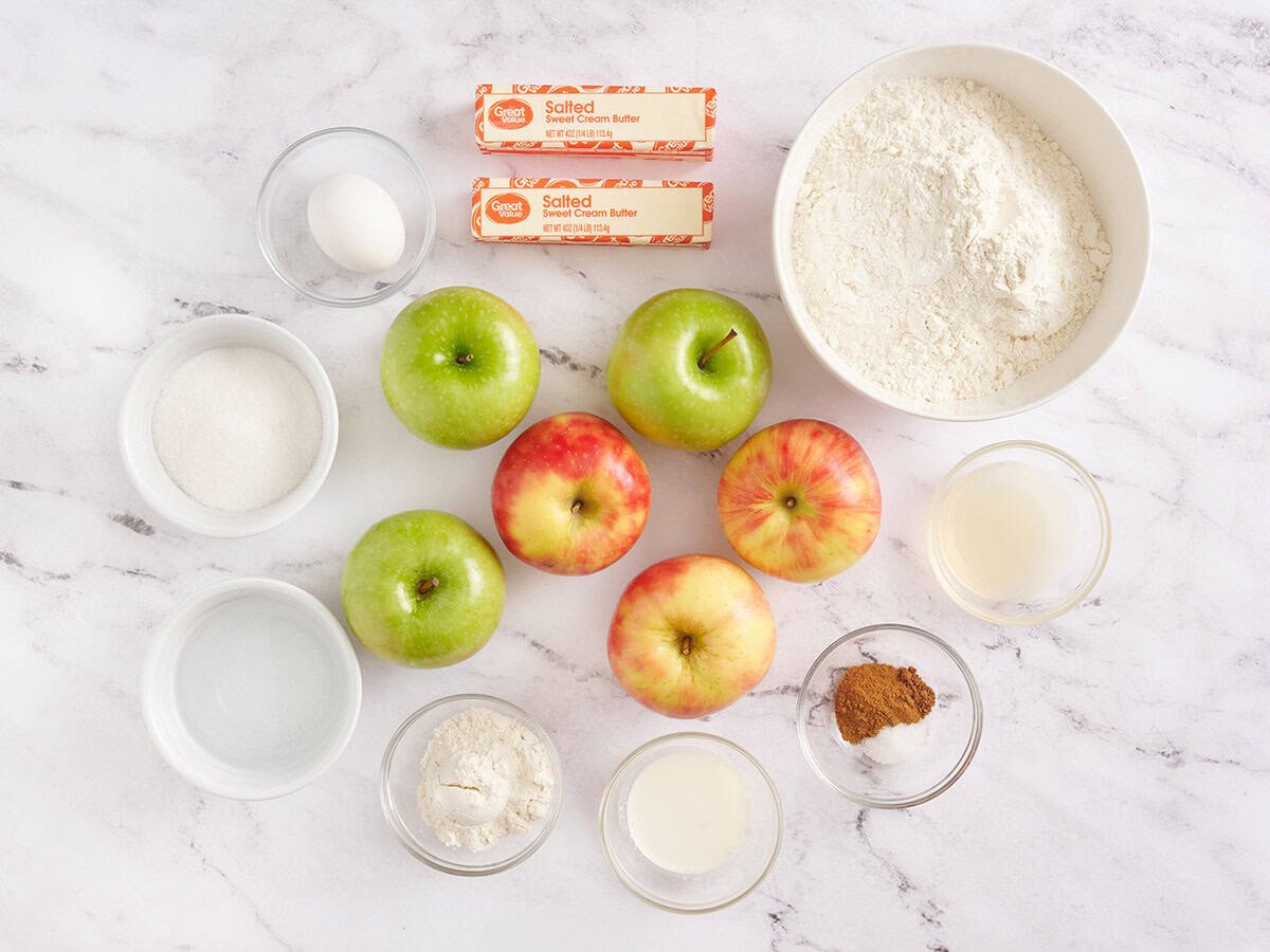 The ingredients for a homemade apple pie.