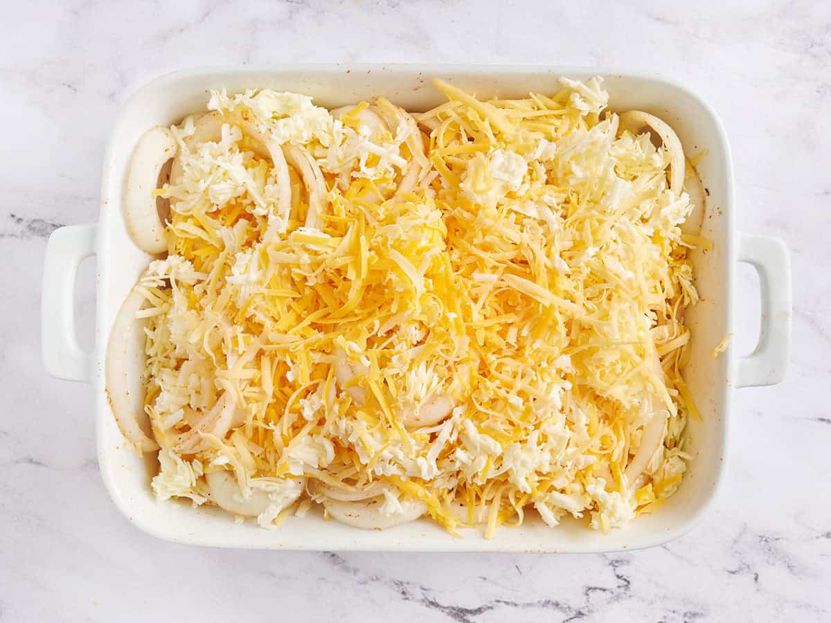 Tennesse onions in a baking dish before baking.