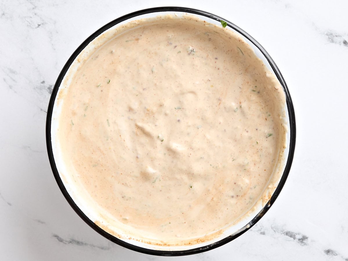 Finished remoulade sauce in a bowl.