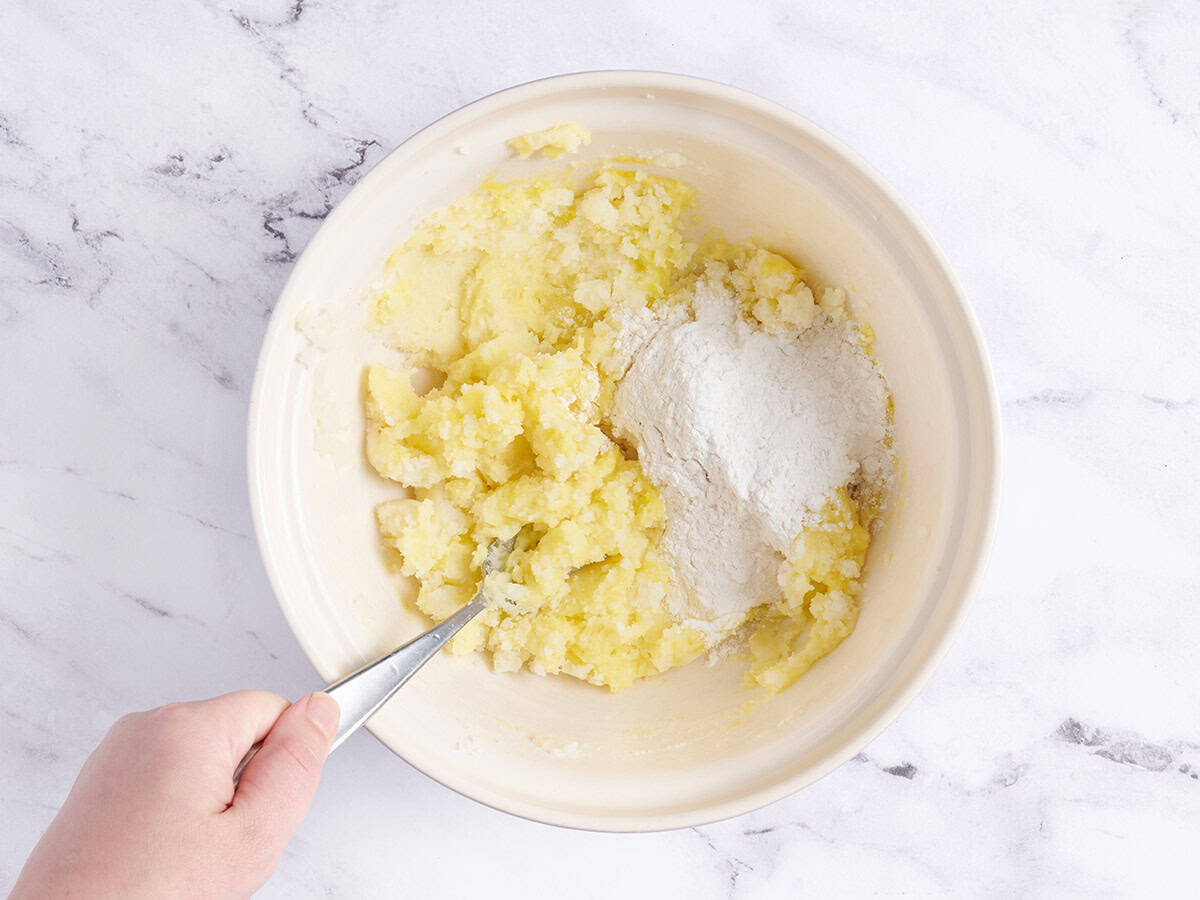 Flour added to the potatoes. 