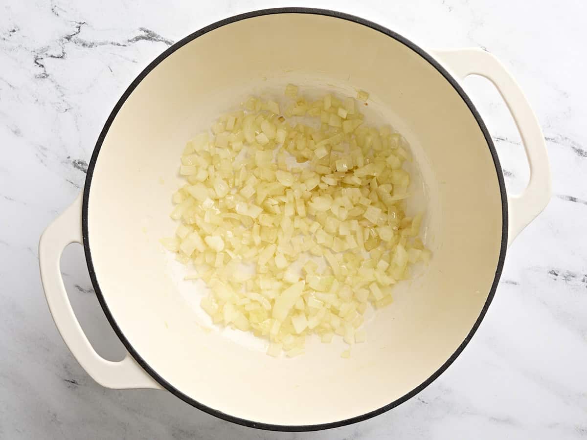 Diced onions in a dutch oven.