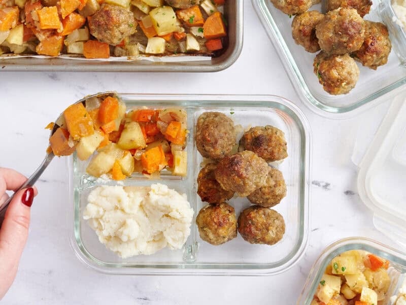 meatballs and mashed potatoes being meal prepped