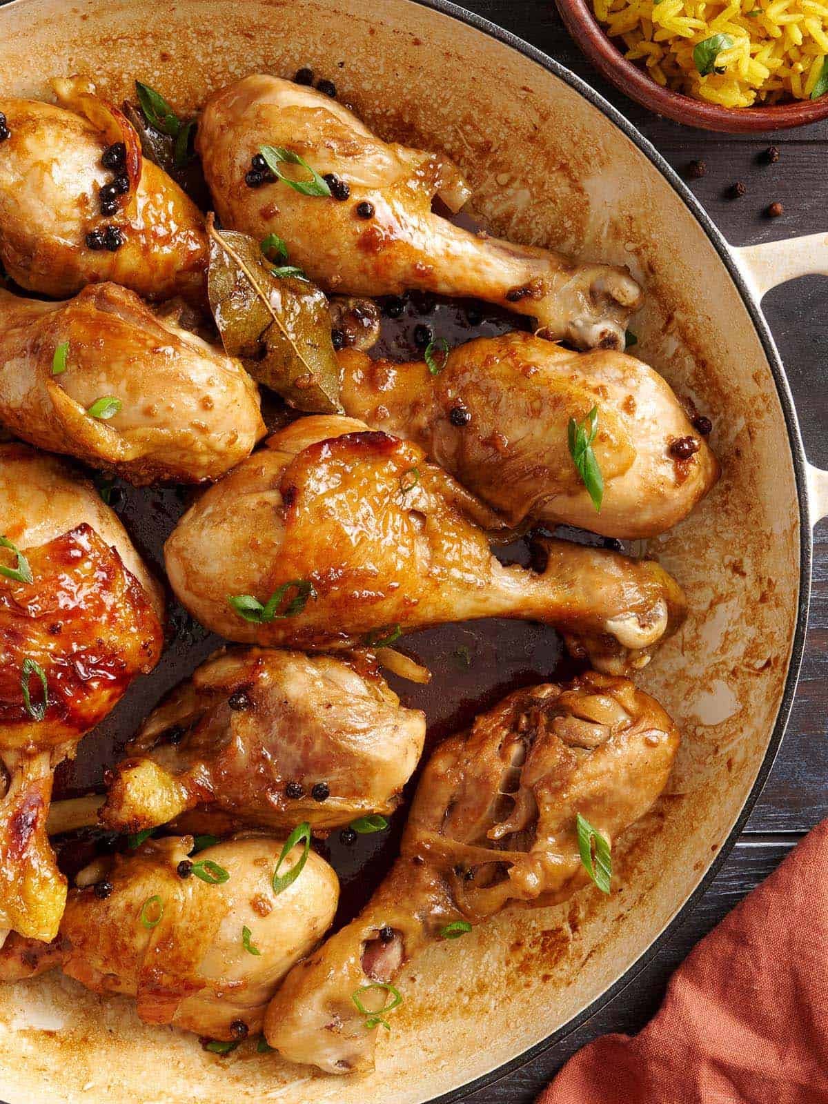 Overhead view of homemade chicken adobo rice in a pan.