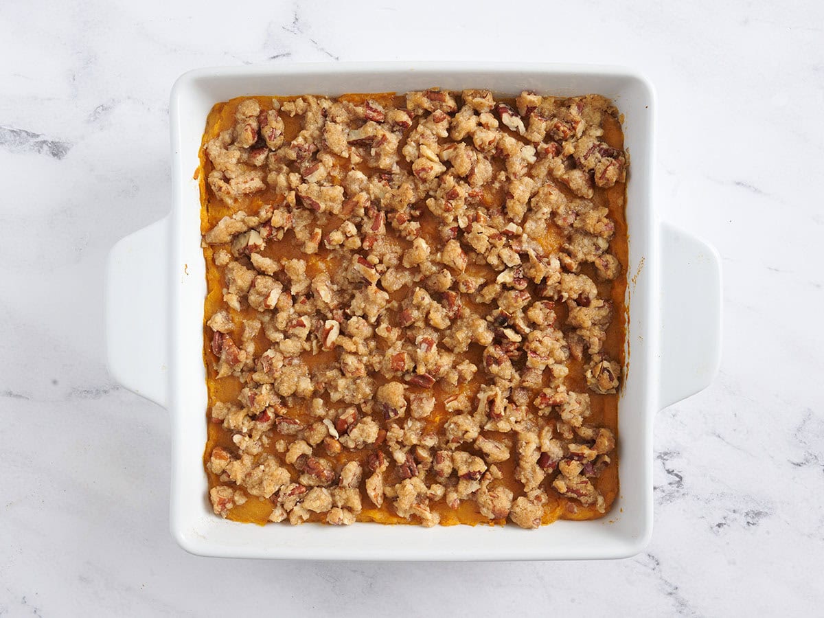 Overhead view of a sweet potato casserole.