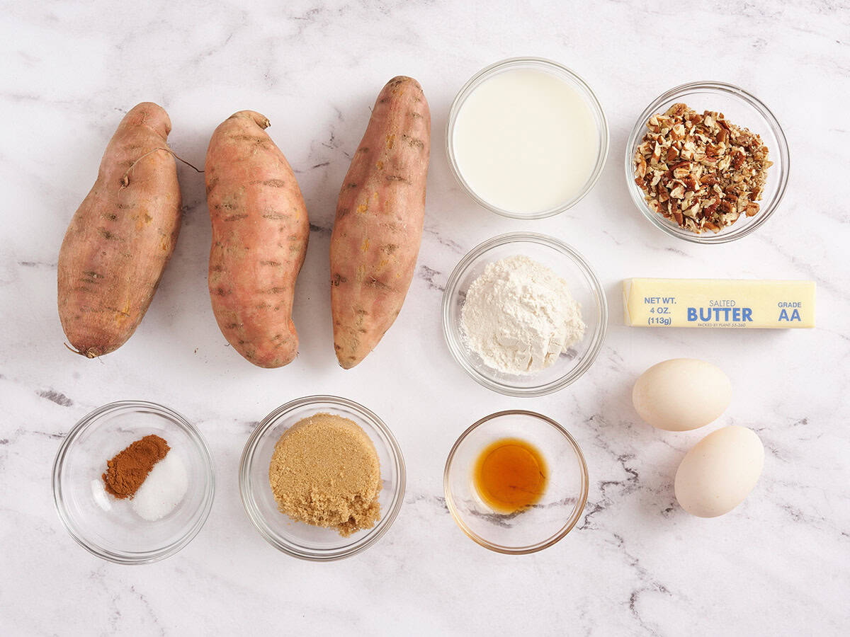 The ingredients to make sweet potato casserole.