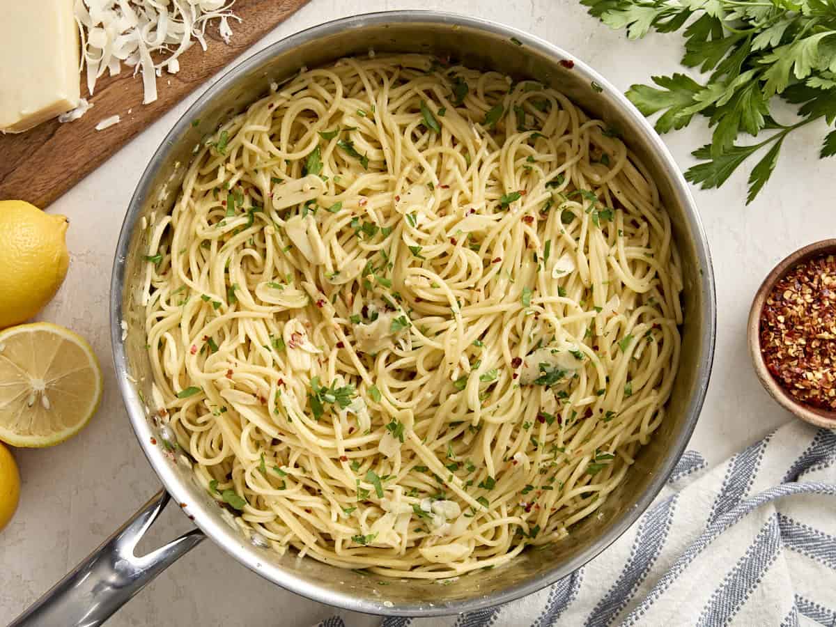 Overhead view of Spaghetti Algio e Olio in a saucepan.