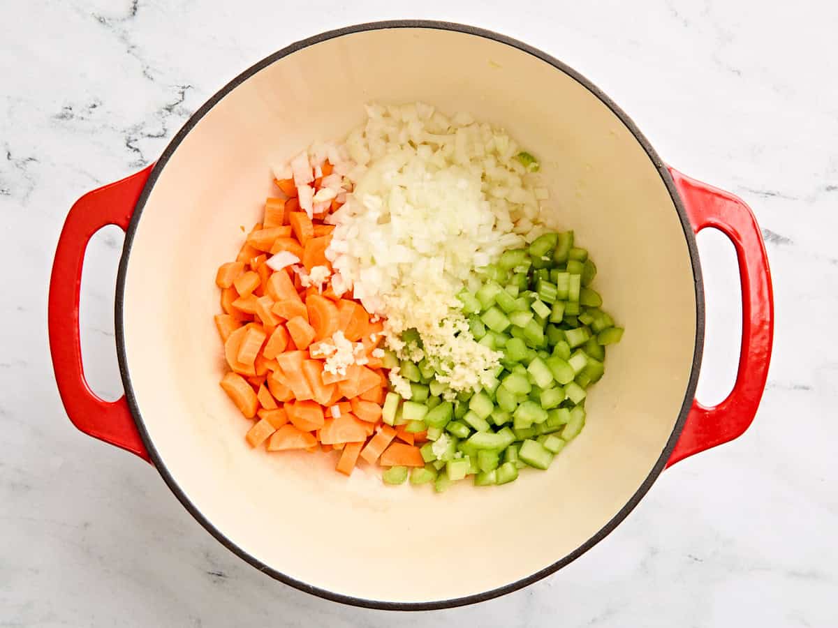 A mirepoix in a pot.