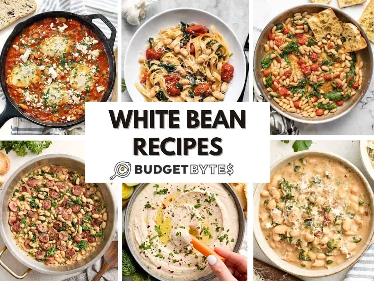 A collage of white bean recipes.
