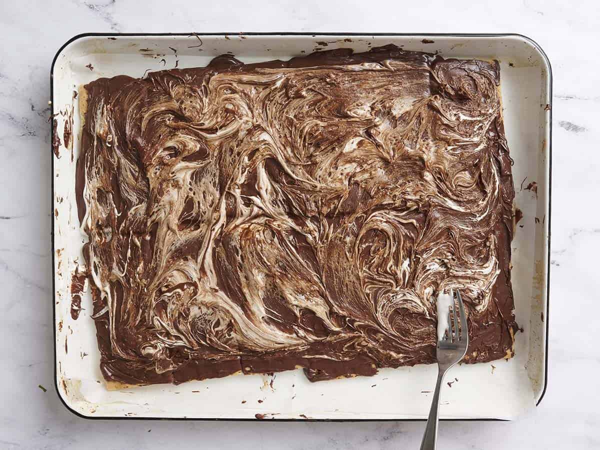 Swirling the chocolate with the marshmallow fluff. 