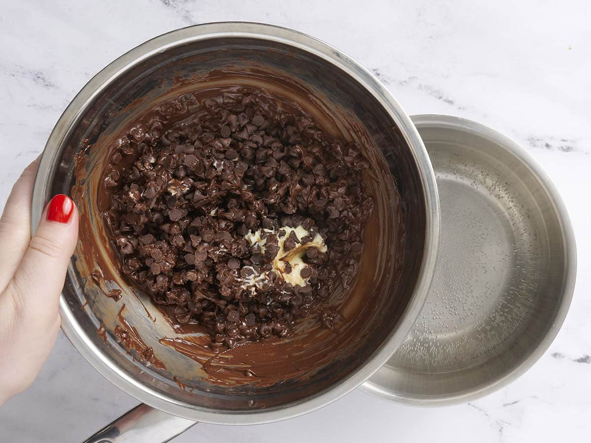 Melting the chocolate chips over a double boiler. 