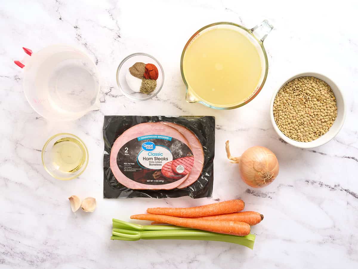 The ingredients to make ham and lentil soup.