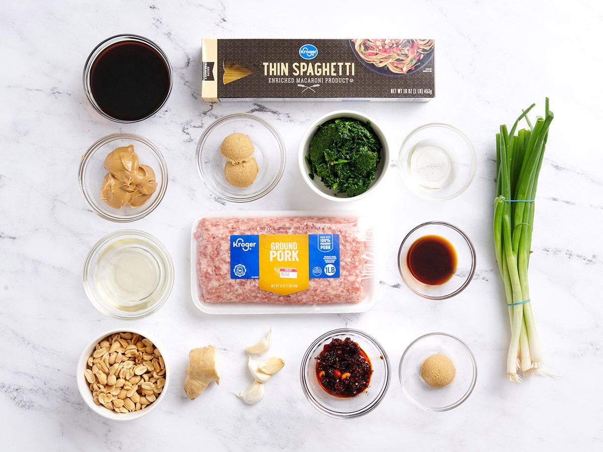 The ingredients to make Dan dan noodles.