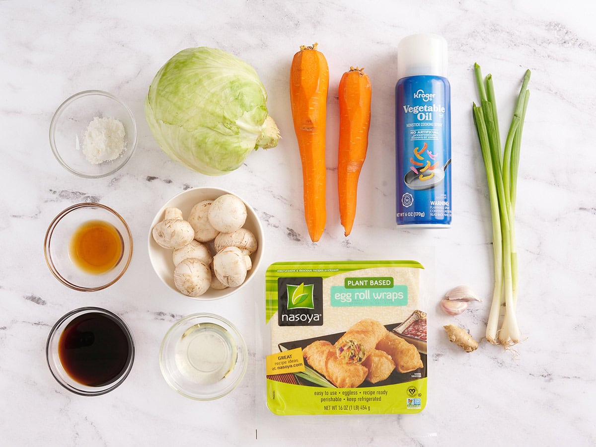 The ingredients to make vegetable egg rolls.