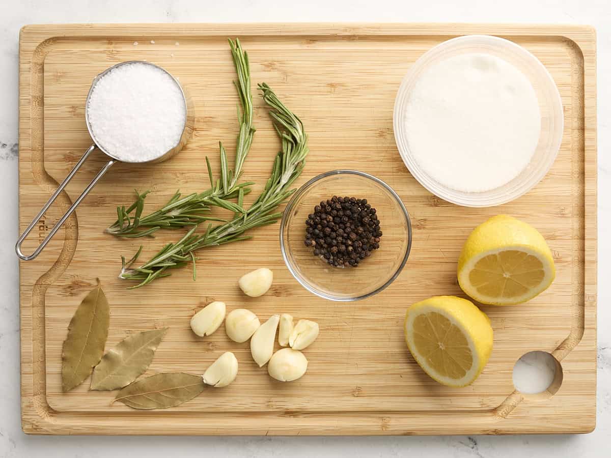 Ingredients for turkey brine on a cutting board.